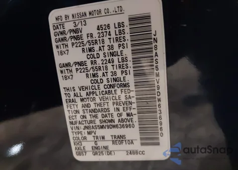 2013 Nissan Rogue Sv W/Sl Pkg from USA, damaged, VIN JN8AS5MV9DW636960